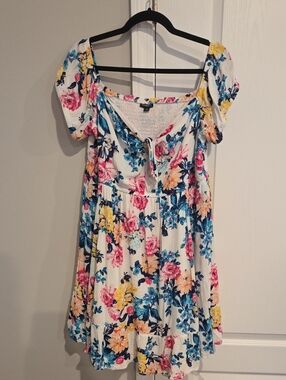 Floral Puff-Sleeve Summer Dress in White with Pink & Blue Flowers